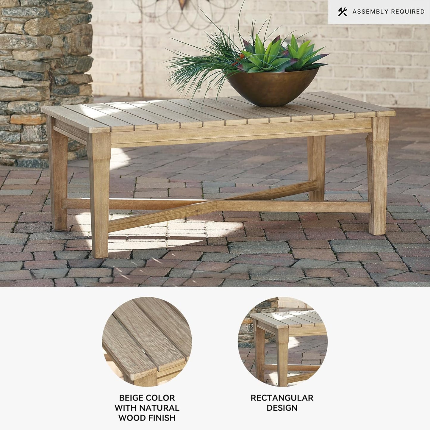 Signature Design by Ashley Clare View Coastal Outdoor Patio Eucalyptus Sofa with Cushions, Beige