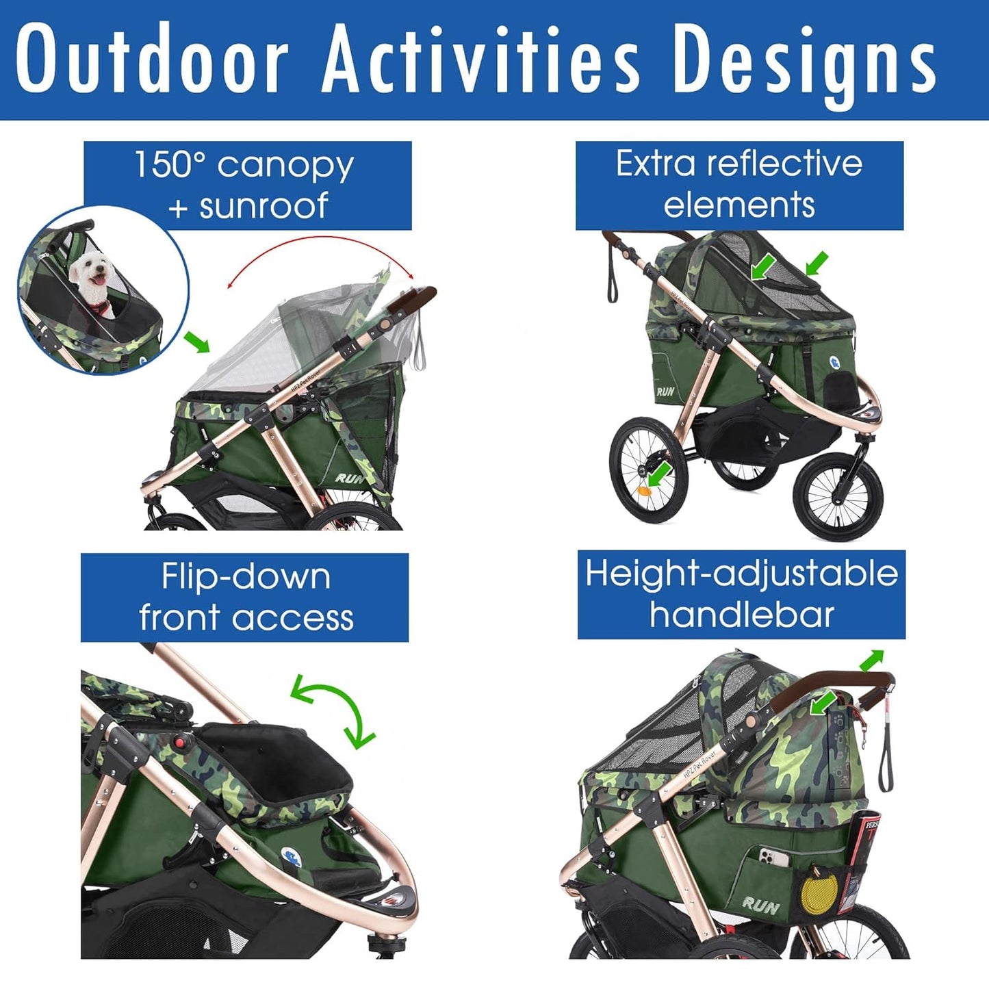 Jogging Sports Stroller with Comfort Rubber Wheels/Zipper-Less Entry/1-Hand Quick Fold/Aluminum Frame for Small/Medium Dogs Cats and Pets (Green Camo)