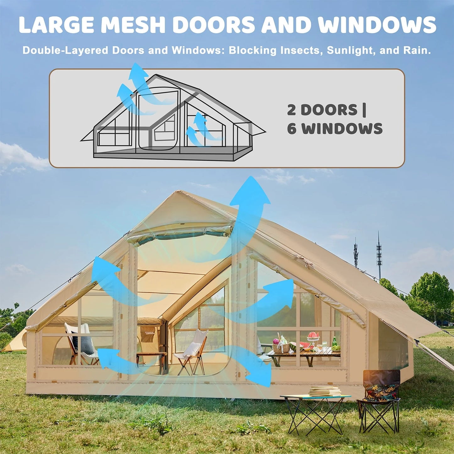 2025 6 Person Inflatable Camping Tent with Pump, 10ft x7ft Glamping Family Tent Easy Setup 4 Season Waterproof Windproof Outdoor Blow Up Tent Luxury Oxford Cabin with Mesh Windows & Doors sgtnighsdesigns