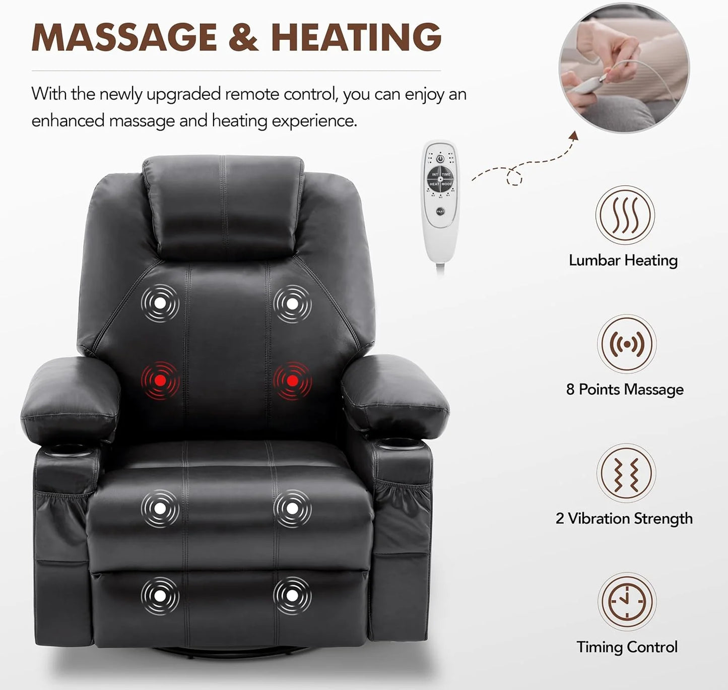 Oversized Swivel Rocker Recliner Chair with Heat and Massage, 360 Degree Swivel Rocking Single Sofa with Cup Holders and USB Port, Large Big Recliner Chair for Living Room (Leather, Brown)