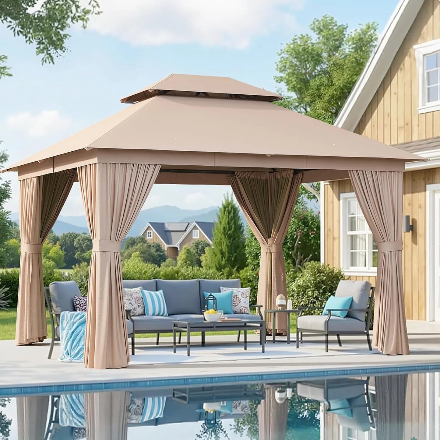 Aoxun Outdoor Gazebo for Patio 10x12, Metal Frame Canopy with Double Roofs, Heavy Duty Party Tent and Shelter with Mosquito Netting and Privacy Screen for Backyard, Lawn, Garden, Deck