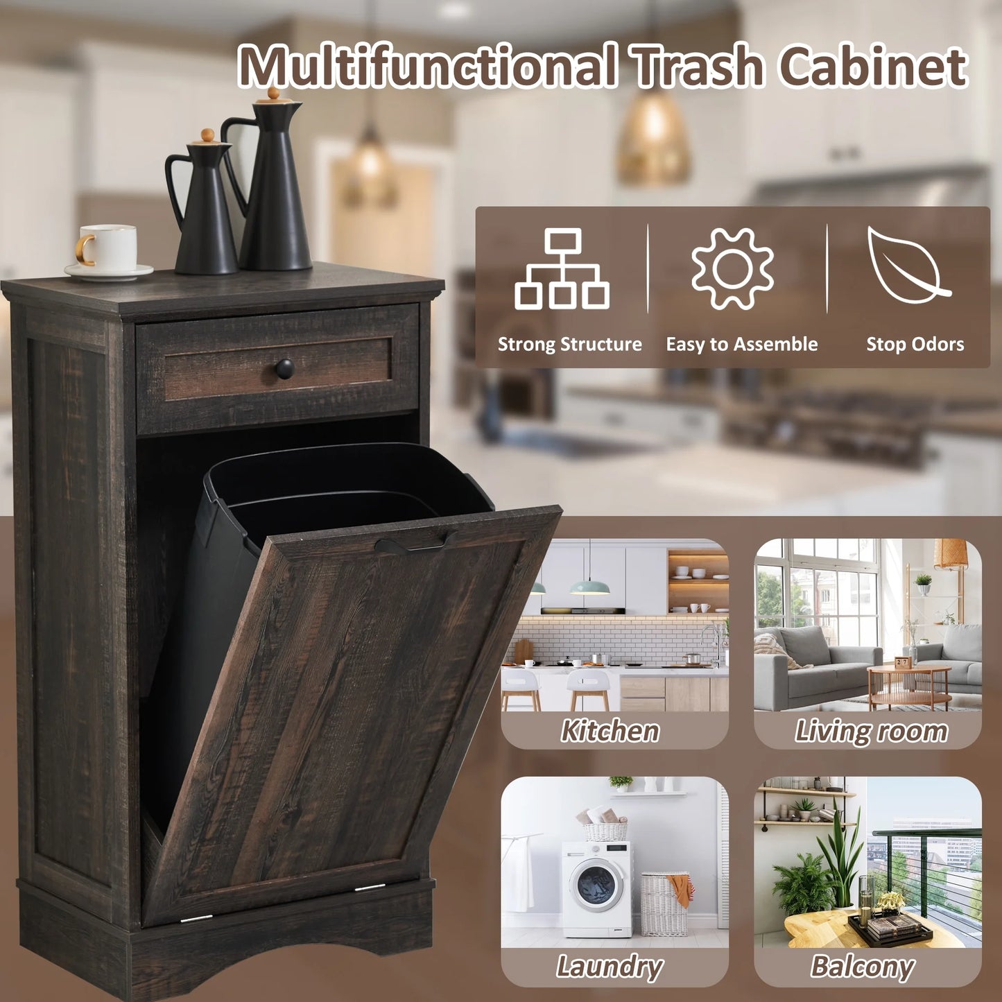HARIPUL Single Tilt Out Trash Cabinet for 13 Gallon Waste Bin, Free Standing Kitchen Trash Can Cabinet with Drawers, White