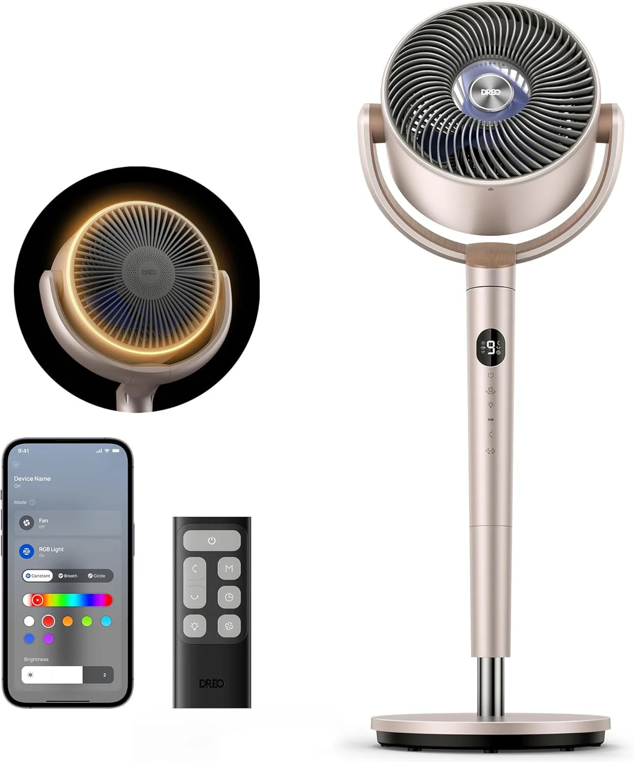 DREO Smart Fan for Bedroom, 120掳 +120掳 Omni-Directional Oscillating Fans, 100ft Quiet Pedestal Fan with RGB Light, 9 Speeds, 6 Modes, 20dB, 8H Timer, Wi-Fi/Voice/Alexa, 37-42" Floor Fans with Remote