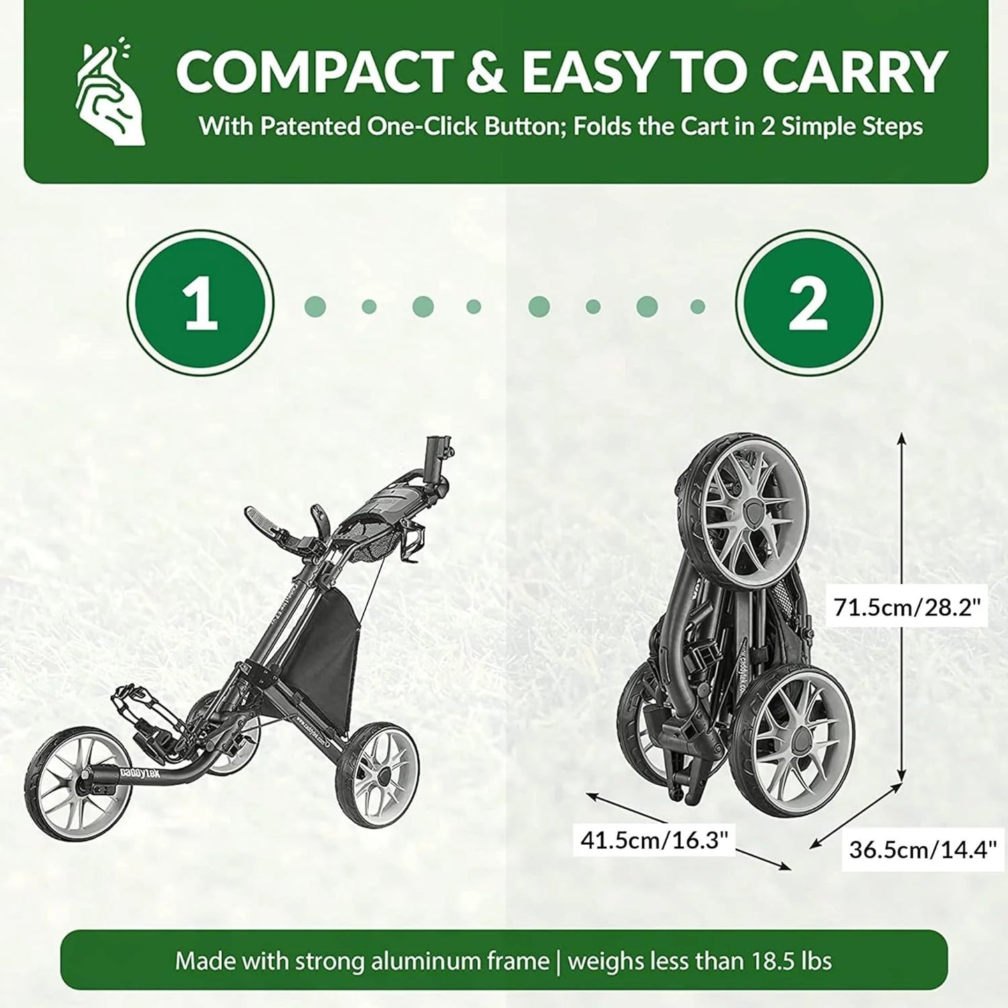 3Wheel Golf Push Cart - Golf Trolley Foldable Collapsible Lightweight Pushcart with Foot Brake - Easy to Open & Close