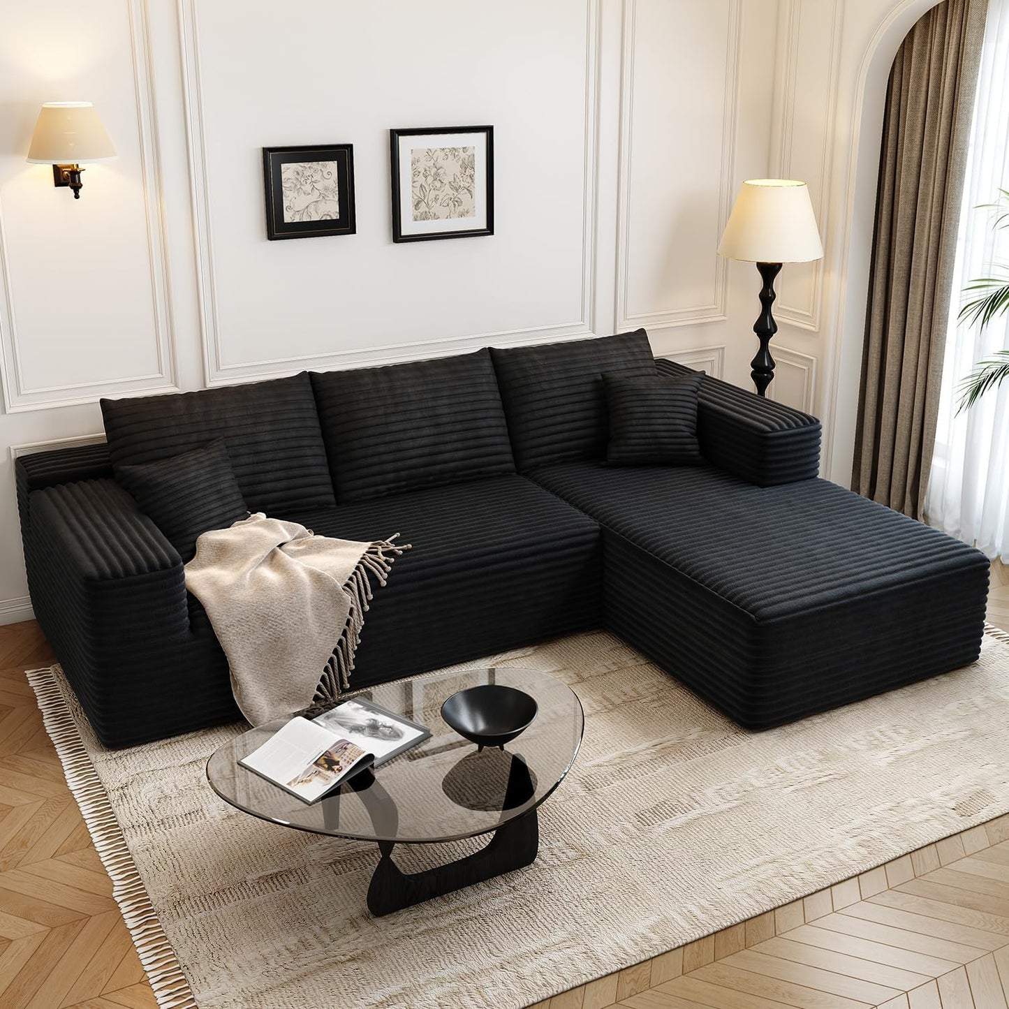 107.5" Cloud Modular Sectional Sofa Couch with L-Shape Chaise,Modern Minimalist Upholstered Couches for Living Room Bedroom,Deep Seat Corner Couch .No Assembly Required (Black,Left Facing Chaise)