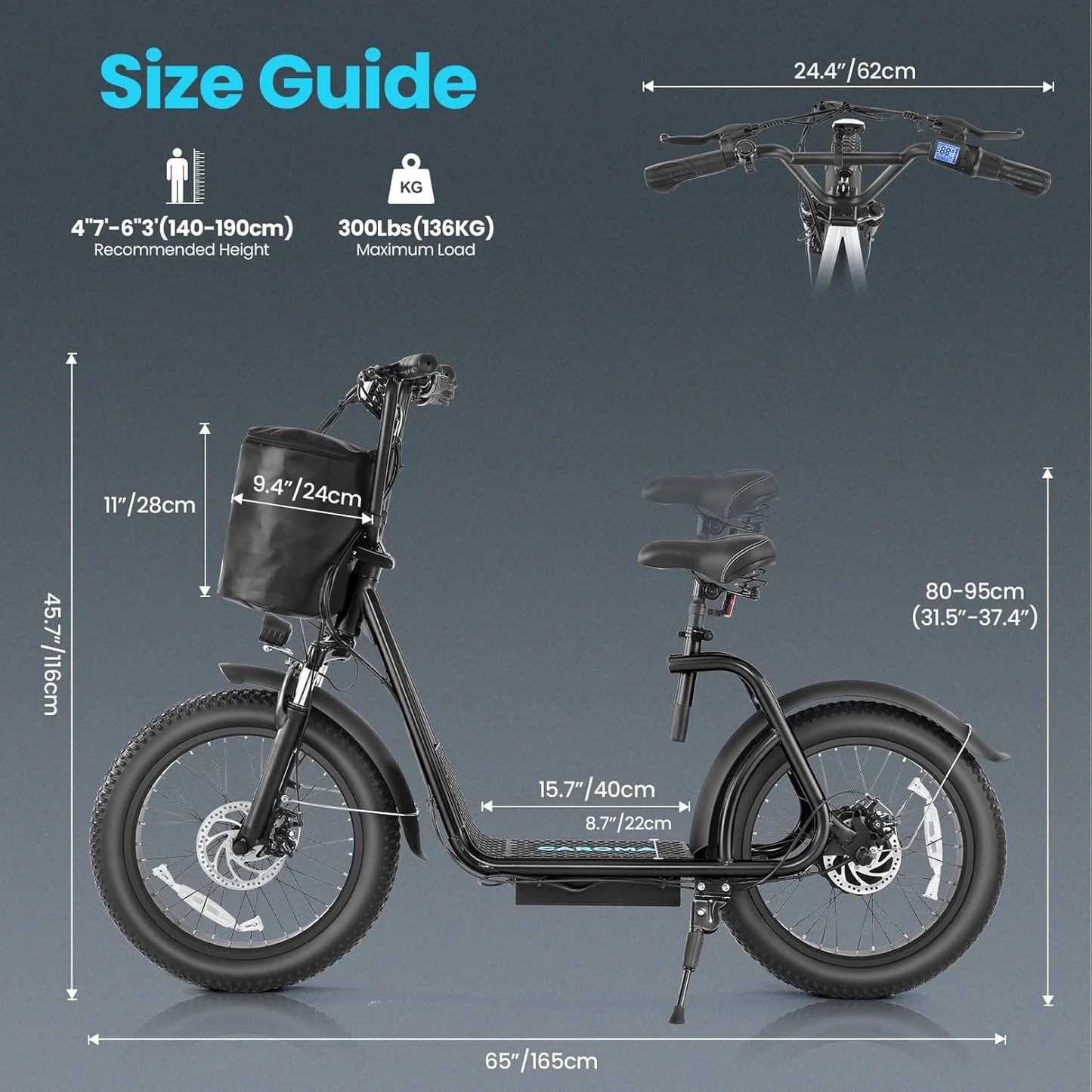Caroma Peak 800W Foldable Adult Electric Scooter with 20-inch Wide Tires, 48V Battery, Basket, and Adjustable Seat