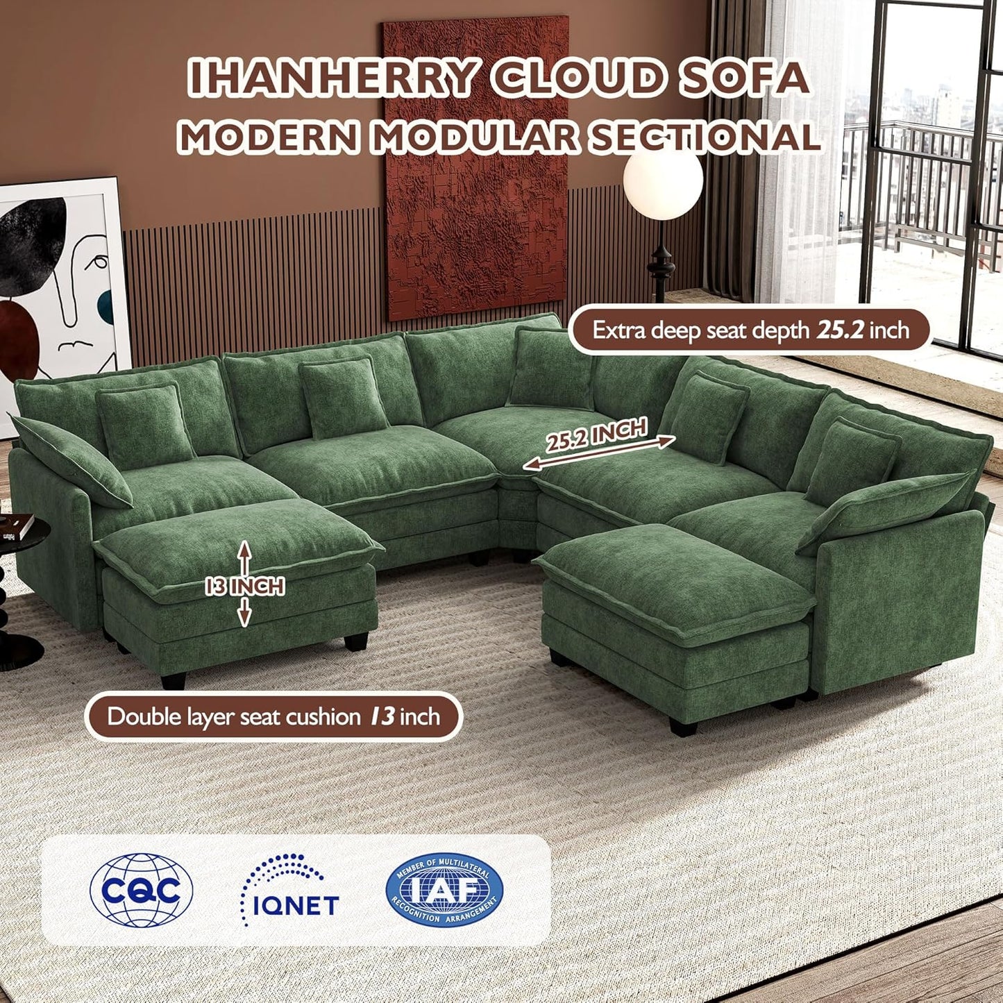Ihanherry 146" U-Shaped Modern Sofa Modular Sectional Cloud Couch with 2 Ottoman, 6-Seat Chenille Deep Seat Sofa with 6 Pillows for Living Room, Bedroom and Apartment, Grey