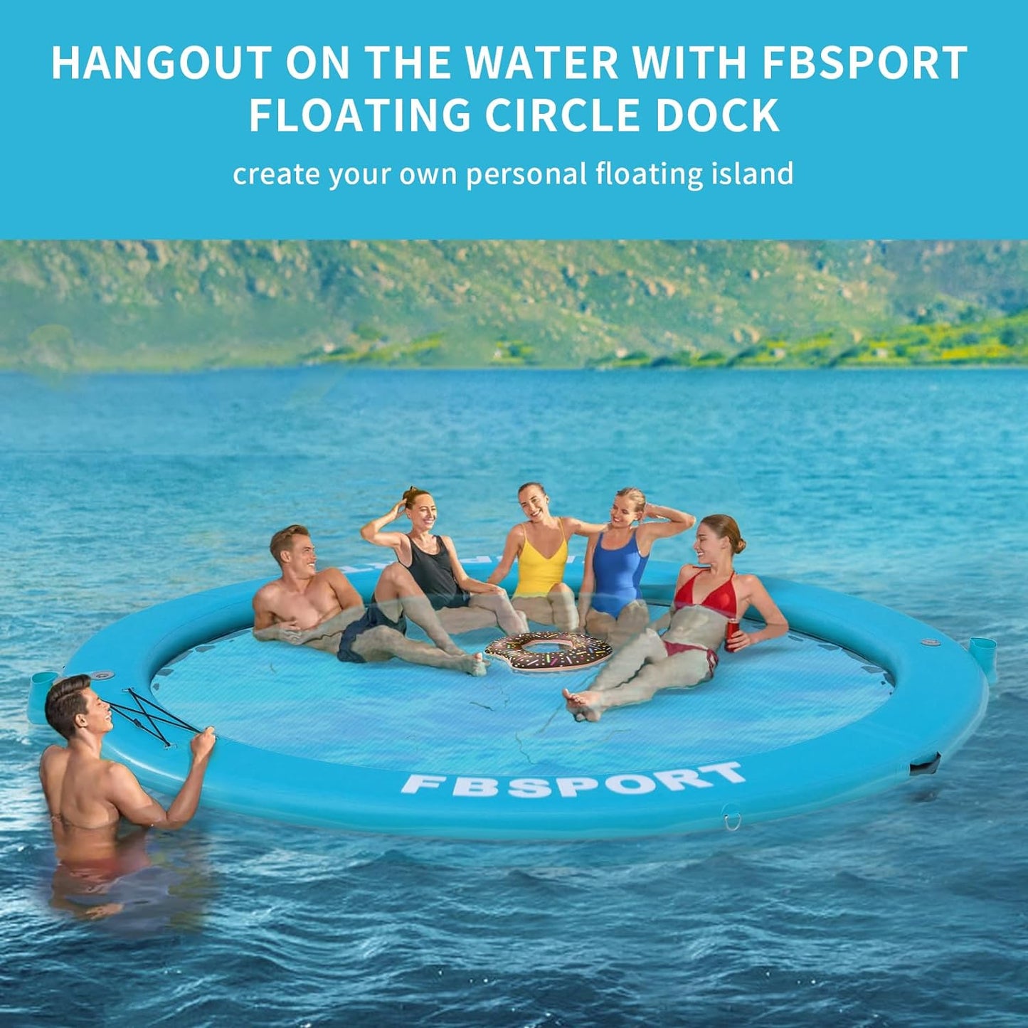 Inflatable Dock Floating Platform 8ft Inflatable Water Hammock Floating Deck for Lake W/Cupholder Round Floating Ring Float Ring Pool Float Raft Lounger Island Platform Pad