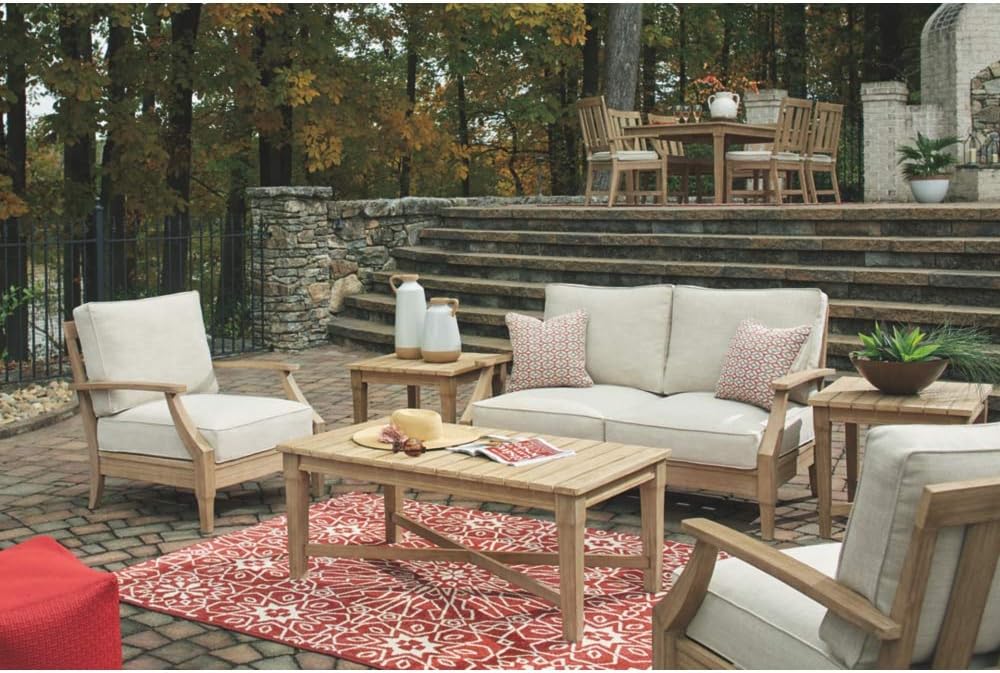 Signature Design by Ashley Clare View Coastal Outdoor Patio Eucalyptus Sofa with Cushions, Beige