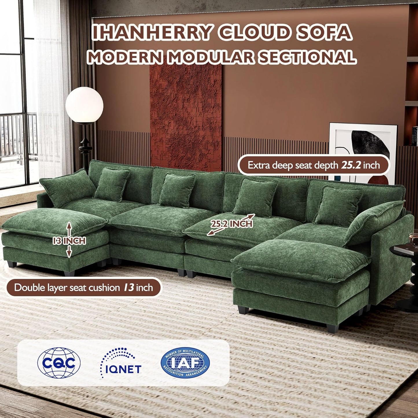 111.4 Inch L-Shaped Modern Sofa Modular Cloud Sofa Ottoman 4-Seater Chenille Deep Seat Sofa