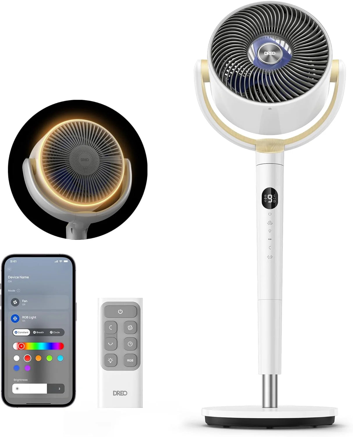 DREO Smart Fan for Bedroom, 120掳 +120掳 Omni-Directional Oscillating Fans, 100ft Quiet Pedestal Fan with RGB Light, 9 Speeds, 6 Modes, 20dB, 8H Timer, Wi-Fi/Voice/Alexa, 37-42" Floor Fans with Remote