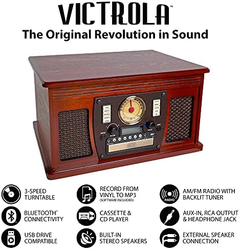 Victrola 8-in-1 Bluetooth Record Player & Multimedia Center, Built-in Stereo Speakers – Turntable, Wireless Music Streaming