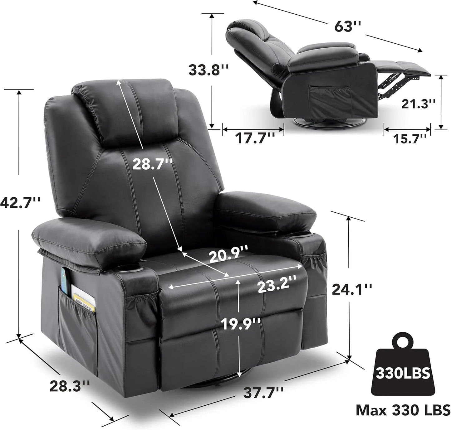 Oversized Swivel Rocker Recliner Chair with Heat and Massage, 360 Degree Swivel Rocking Single Sofa with Cup Holders and USB Port, Large Big Recliner Chair for Living Room (Leather, Brown)