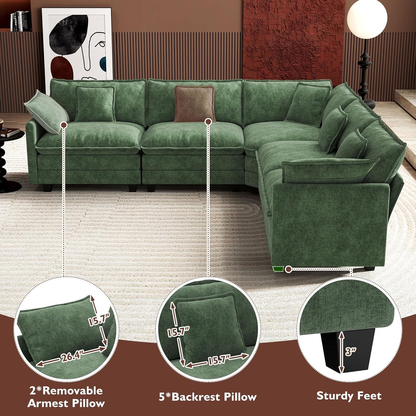 Ihanherry 146" U-Shaped Modern Sofa Modular Sectional Cloud Couch with 2 Ottoman, 6-Seat Chenille Deep Seat Sofa with 6 Pillows for Living Room, Bedroom and Apartment, Grey