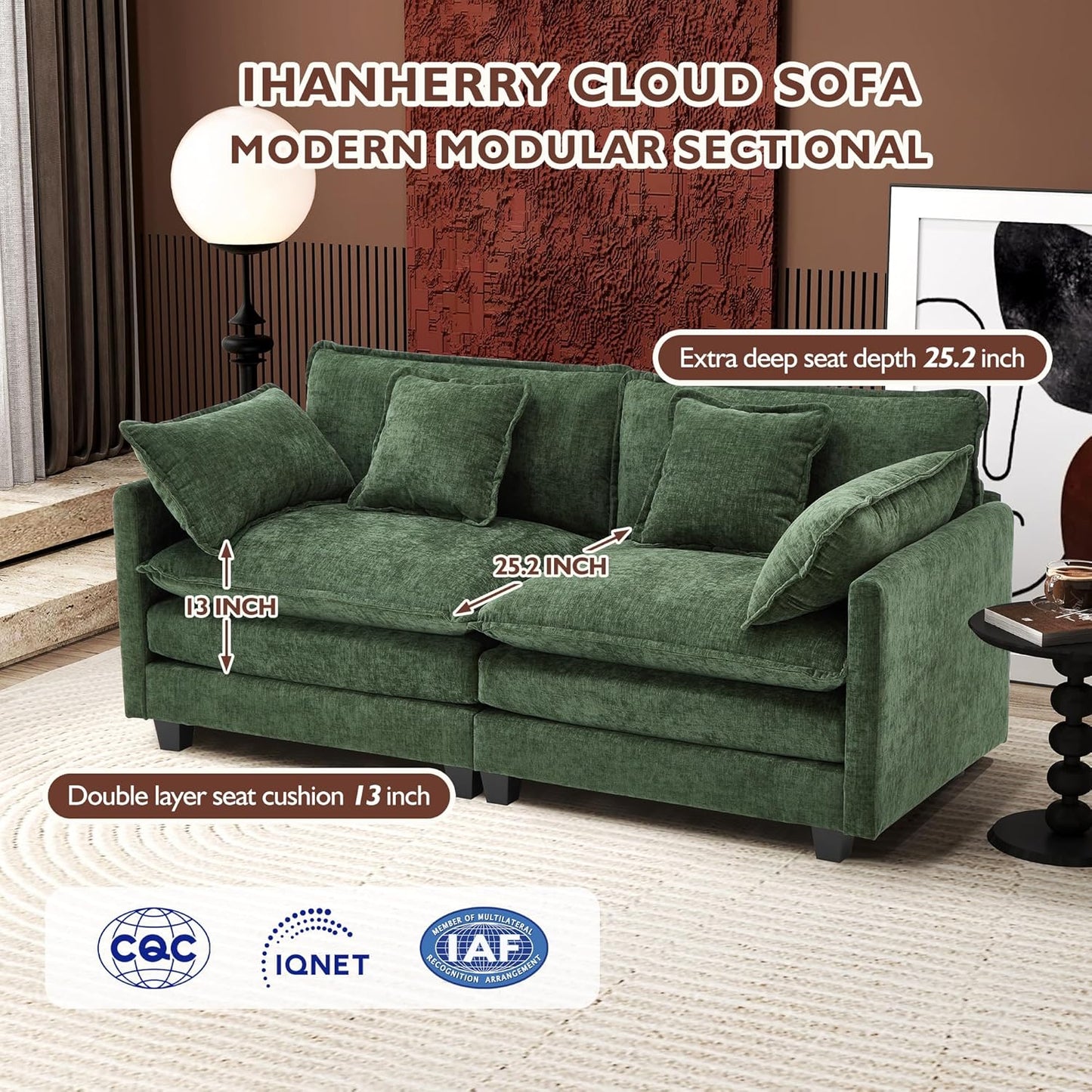 Ihanherry 146" U-Shaped Modern Sofa Modular Sectional Cloud Couch with 2 Ottoman, 6-Seat Chenille Deep Seat Sofa with 6 Pillows for Living Room, Bedroom and Apartment, Grey