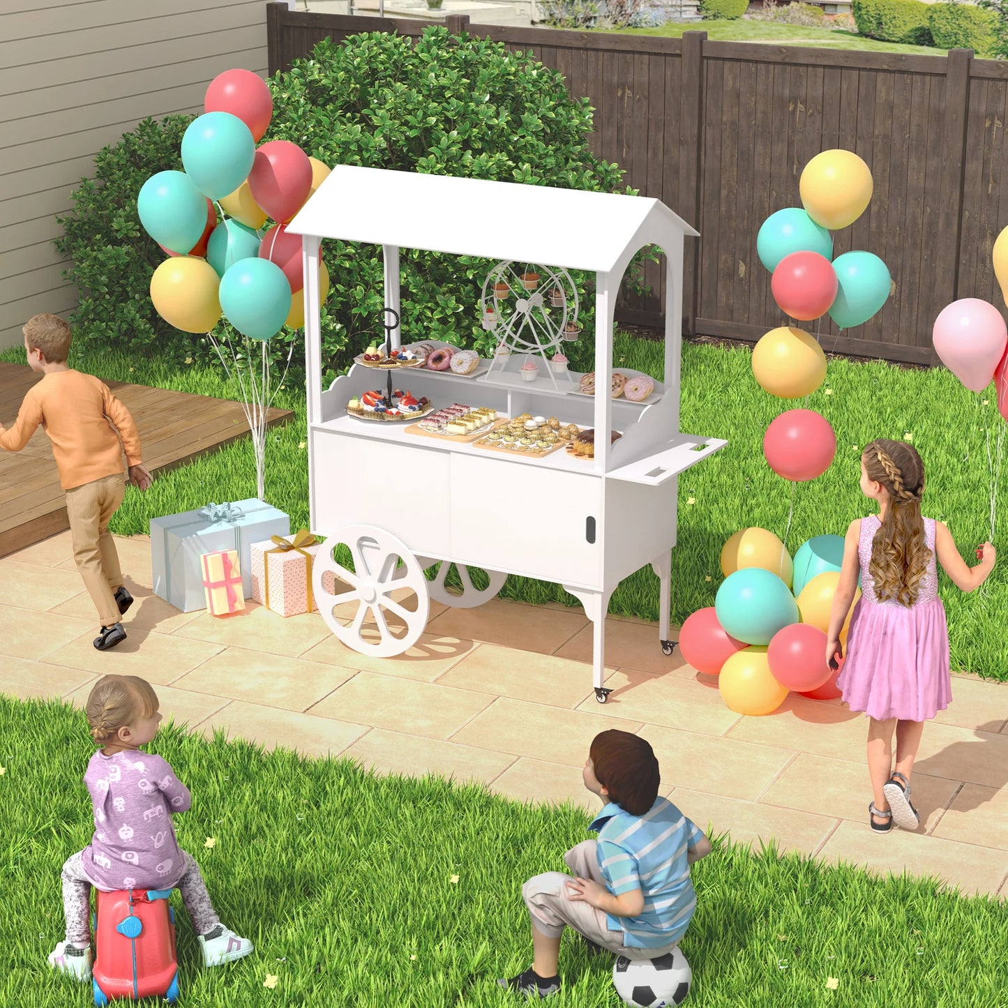 Candy Cart with Wheels for PartyWood Dessert Cart with Storage Cabinet