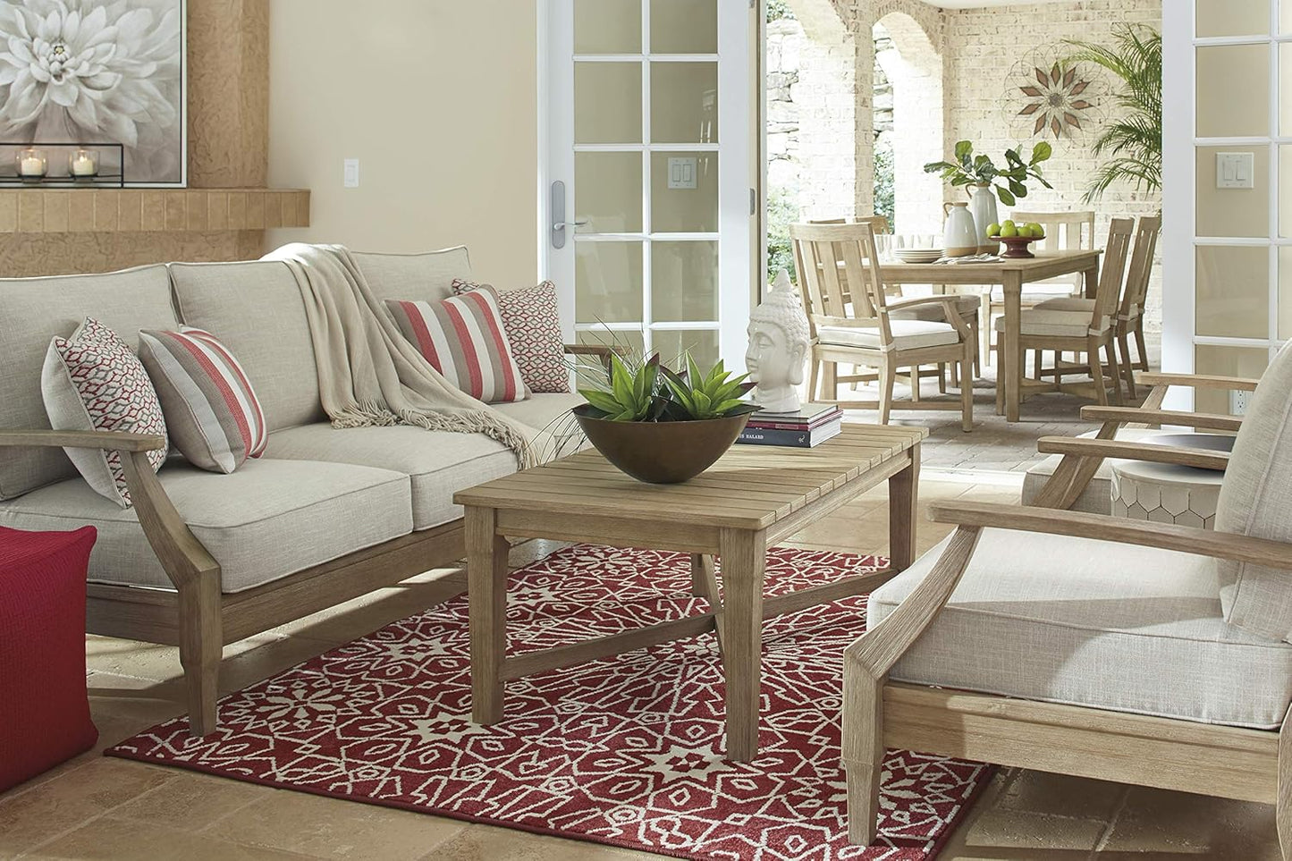 Signature Design by Ashley Clare View Coastal Outdoor Patio Eucalyptus Sofa with Cushions, Beige