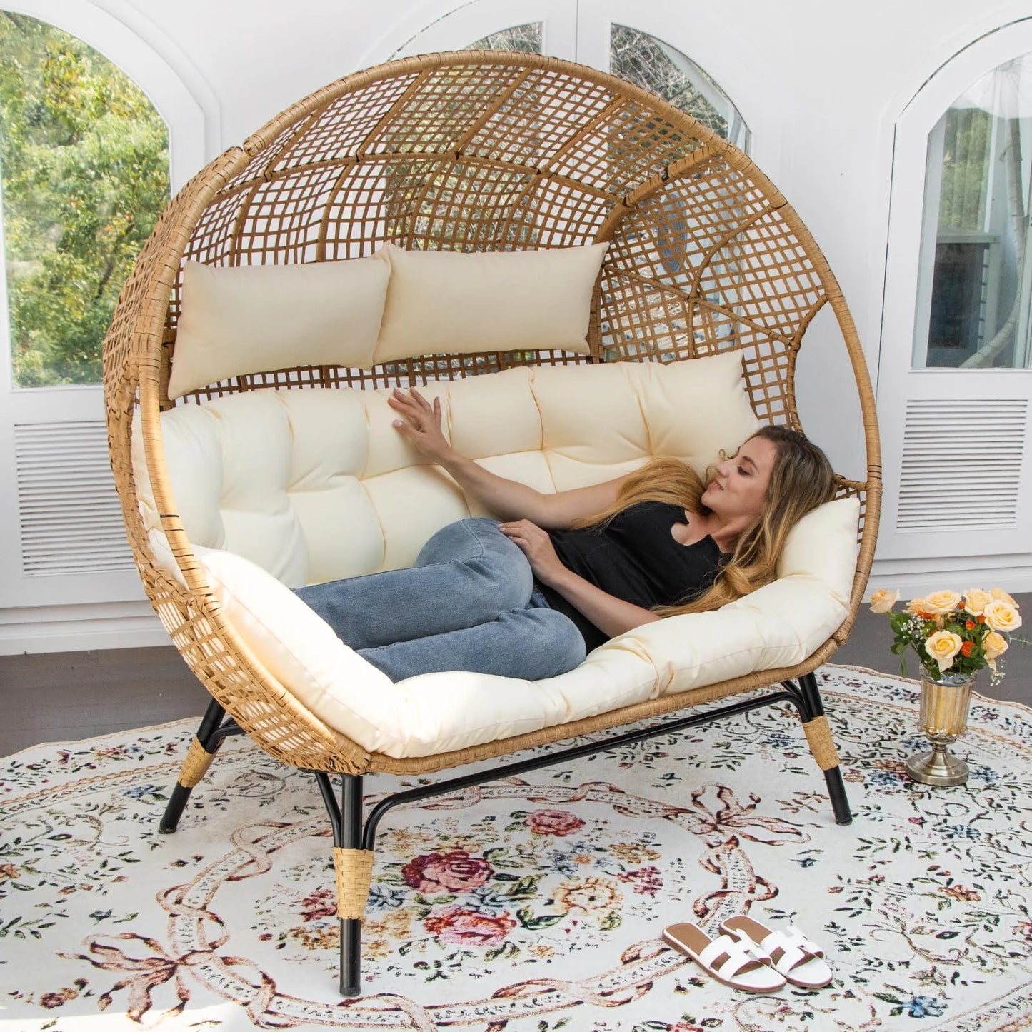 RADIATA Double Egg Chair for 2 Person, Oversized Wicker Loveseat with Thick Cushions, 680 lbs Capacity, Indoor Outdoor Stationary Patio Lounge Chair for Balcony, Garden, Beige