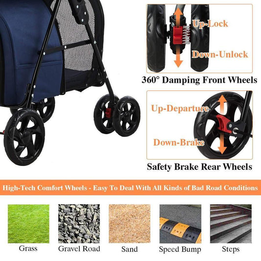 42 Double Pet Stroller for 2 Dogs & Cats,4 Wheels Dog Strollers Folding Travel Cat Stroller with Suspension System,Navy Blue