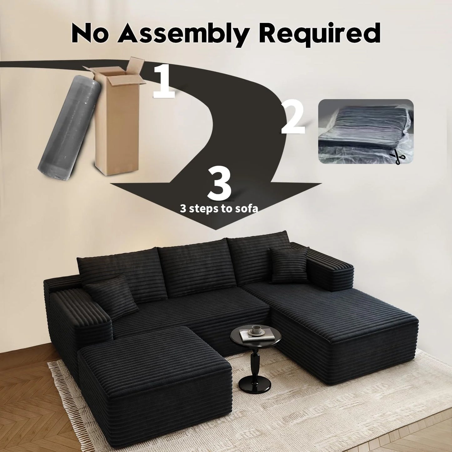 107.5" Cloud Modular Sectional Sofa Couch with L-Shape Chaise,Modern Minimalist Upholstered Couches for Living Room Bedroom,Deep Seat Corner Couch .No Assembly Required (Black,Left Facing Chaise)
