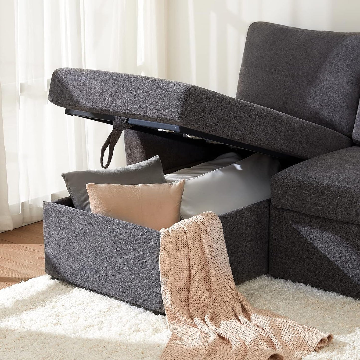 VanAcc Sofa Bed, Sleeper Sofa with Storage Chaise 2 in 1 Pull Out Couch Living Room