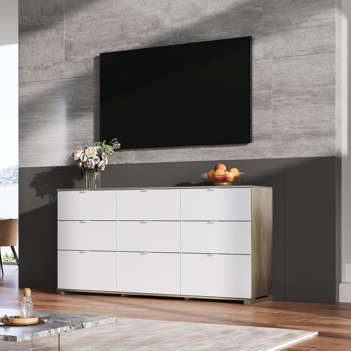 9 Drawer Led Dresser for Bedroom, 58.35'' Wide Wood Dresser Storage Organizer with Power Outlets for 65'' TV, Dressers with Open Shelves