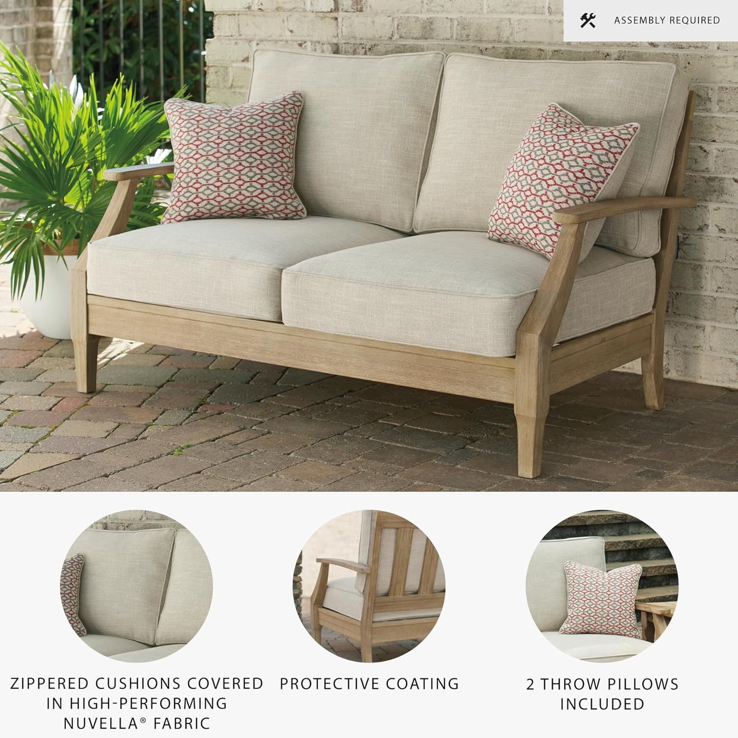 Signature Design by Ashley Clare View Coastal Outdoor Patio Eucalyptus Sofa with Cushions, Beige