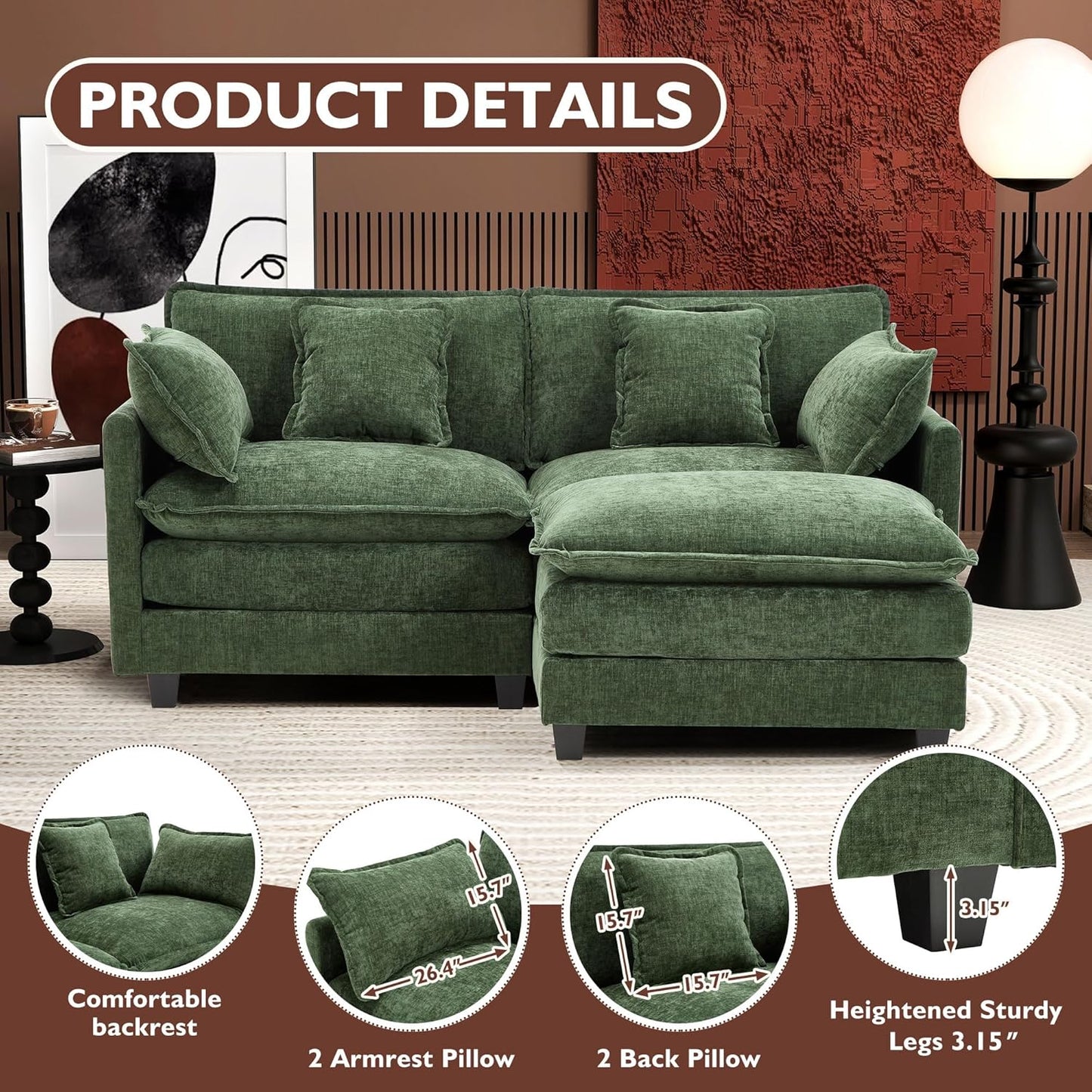 Ihanherry 146" U-Shaped Modern Sofa Modular Sectional Cloud Couch with 2 Ottoman, 6-Seat Chenille Deep Seat Sofa with 6 Pillows for Living Room, Bedroom and Apartment, Grey