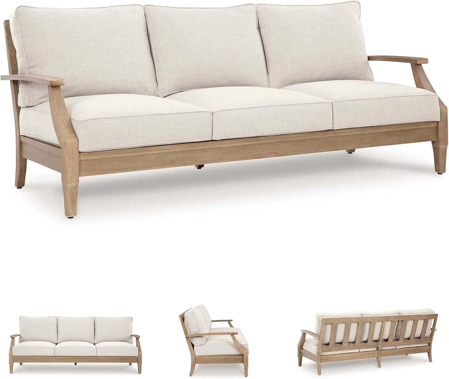 Signature Design by Ashley Clare View Coastal Outdoor Patio Eucalyptus Sofa with Cushions, Beige