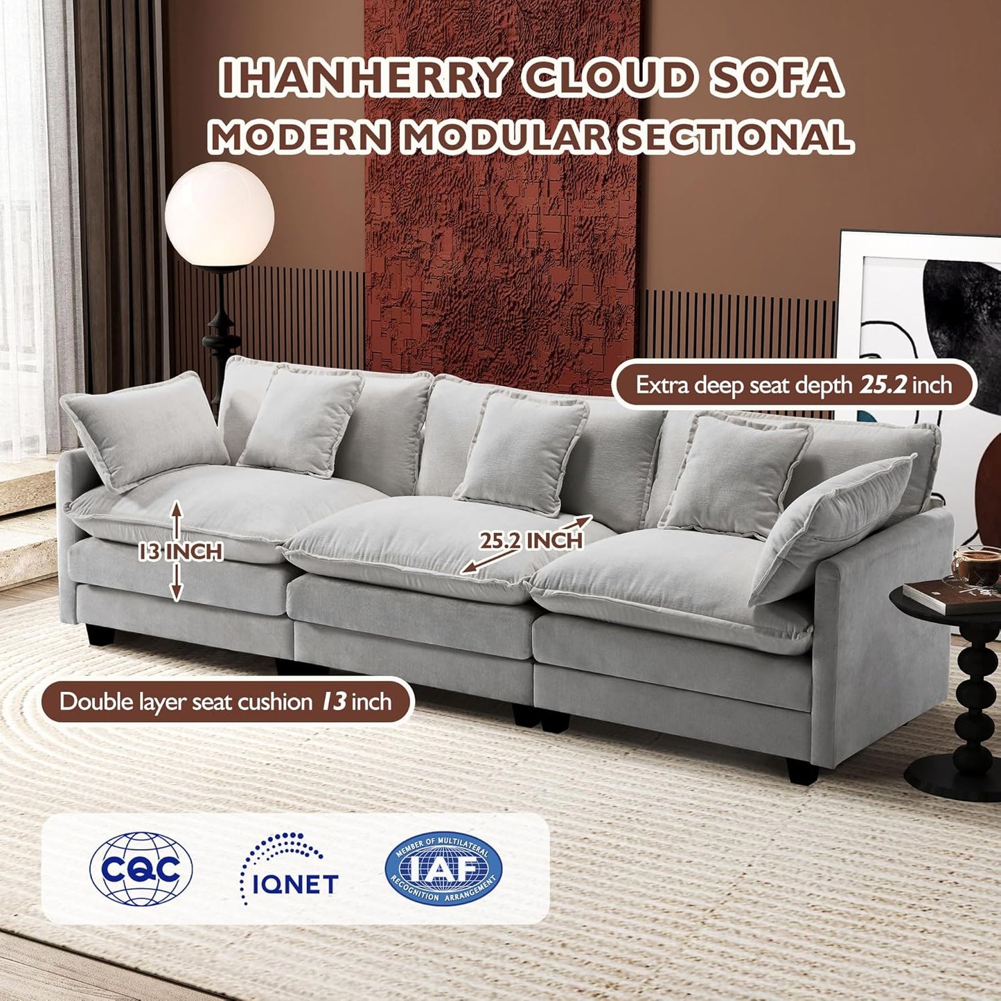 111.4 Inch L-Shaped Modern Sofa Modular Cloud Sofa Ottoman 4-Seater Chenille Deep Seat Sofa
