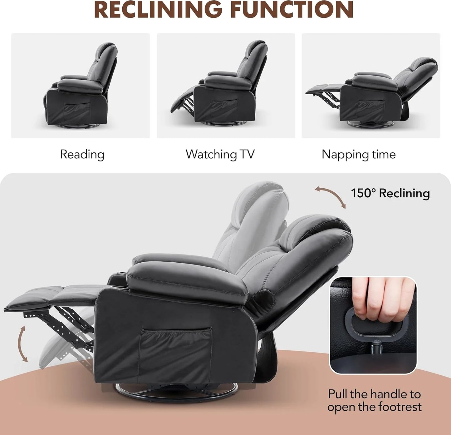 Oversized Swivel Rocker Recliner Chair with Heat and Massage, 360 Degree Swivel Rocking Single Sofa with Cup Holders and USB Port, Large Big Recliner Chair for Living Room (Leather, Brown)