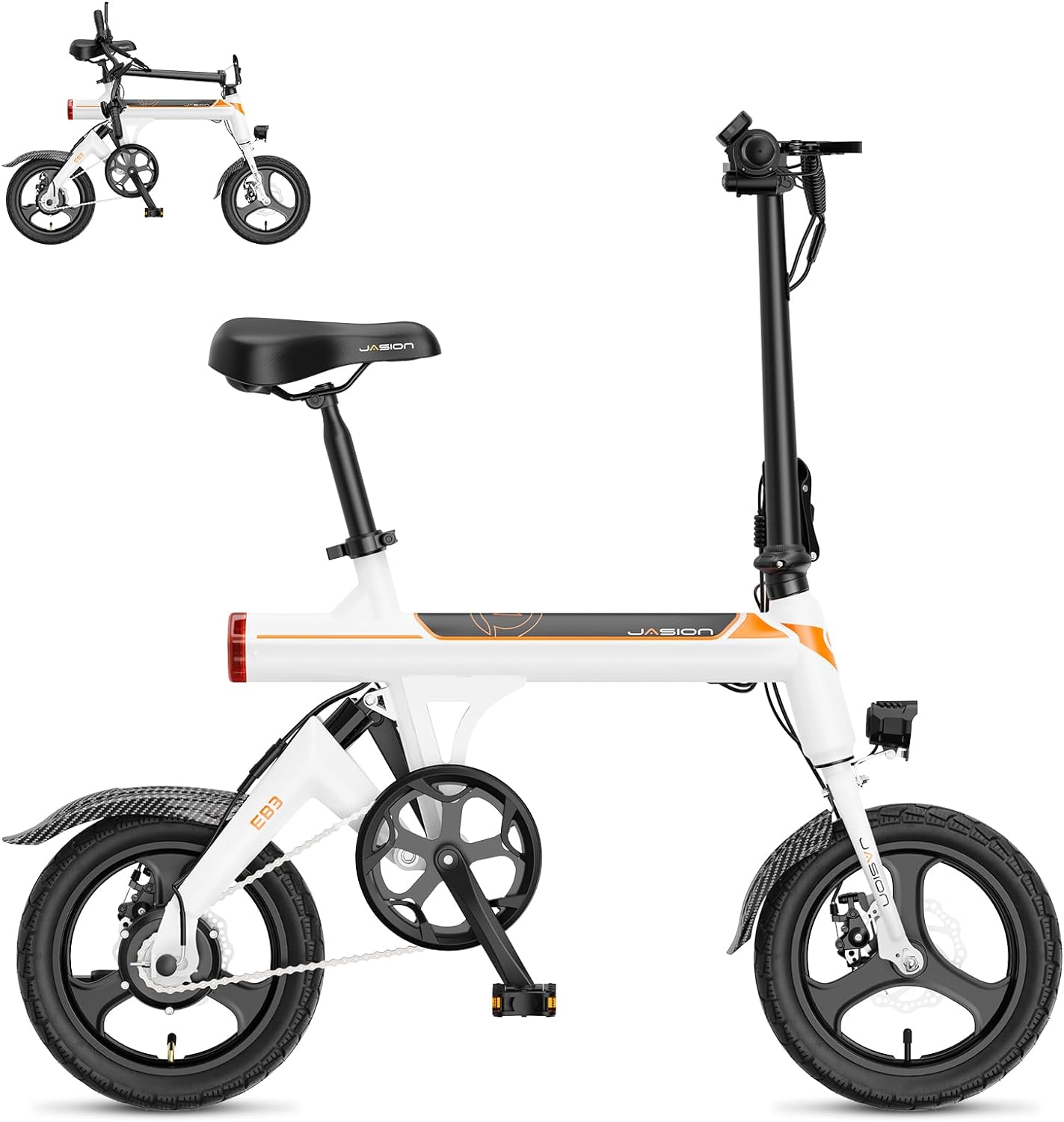Jasion EB3 Electric Bike Adults 21mph, 500W Peak Motor, 270Wh Battery, Rear Suspension, 3 Levels Assist, 14&prime;&prime; Folding Ebike for Adults and Teens, Complies to UL2849