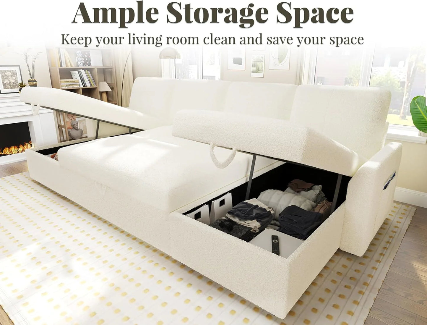 VanAcc Sofa Bed, Sleeper Sofa with Storage Chaise 2 in 1 Pull Out Couch Living Room