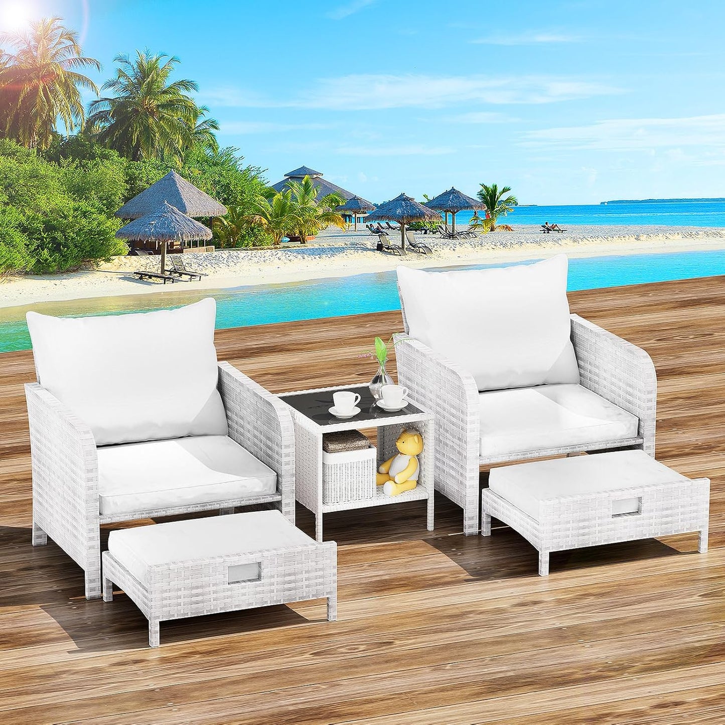 LEVELEVE Balcony Furniture 5 Piece Patio Conversation Set, PE Wicker Rattan Outdoor Lounge Chairs with Soft Cushions 2 Ottoman&Glass Table for Porch, Lawn-Brown Wicker