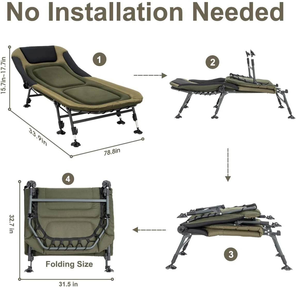 Camping Cots for Adults 330Lbs with Carry Bag, Heavy Duty Folding Bed with Soft Padded Cushion, Portable Military Cot for Hunting, 180 Adjustable Reclining Outdoor Lounger