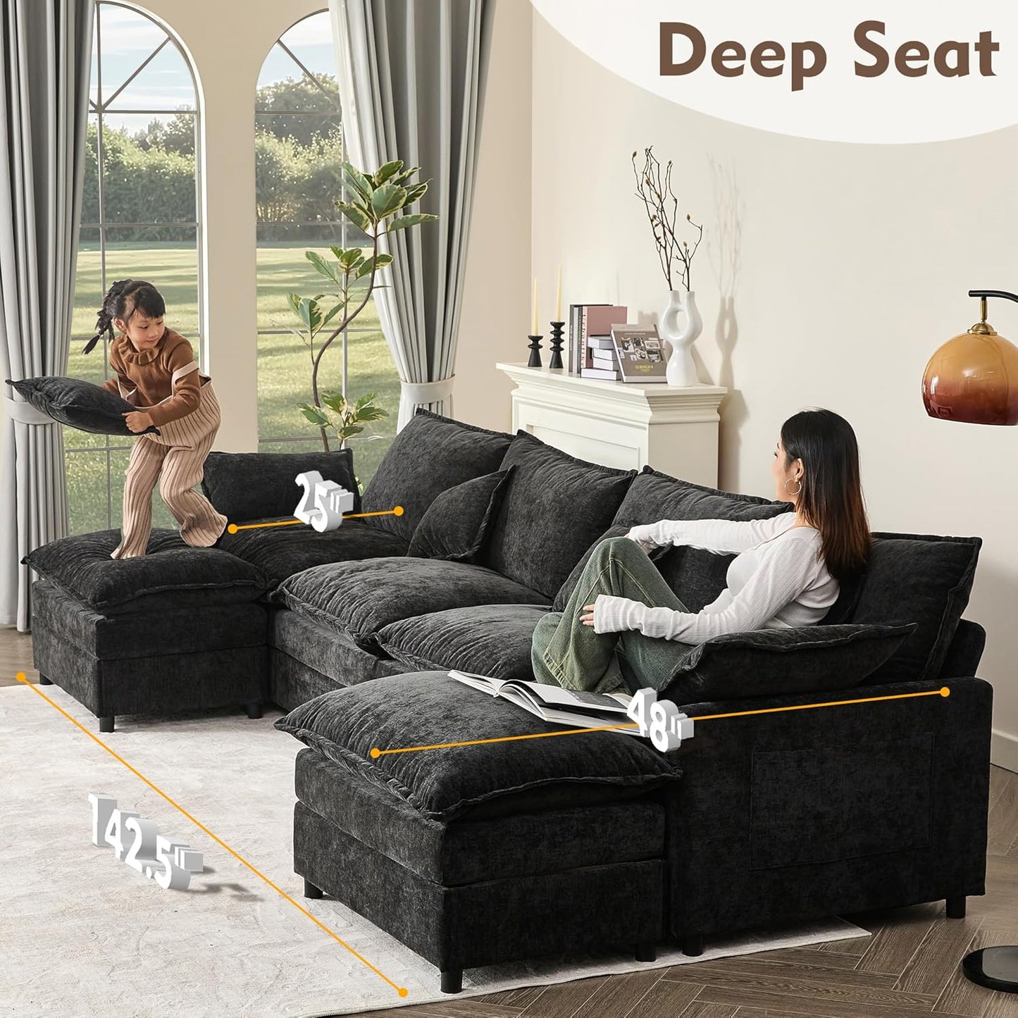 108 Inch U Shape Sofa Sectional Sofa Comfortable Cloud Sofa with Removable Footstool
