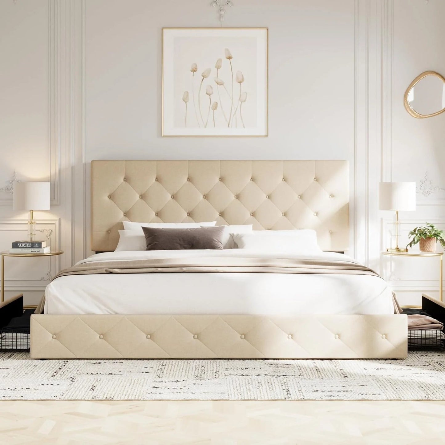 Allewie Upholstered Queen Size Platform Bed Frame with 4 Storage Drawers and Headboard, Square Stitched Button Tufted, Mattress Foundation with Wooden Slats Support, No Box Spring Needed, Light Grey