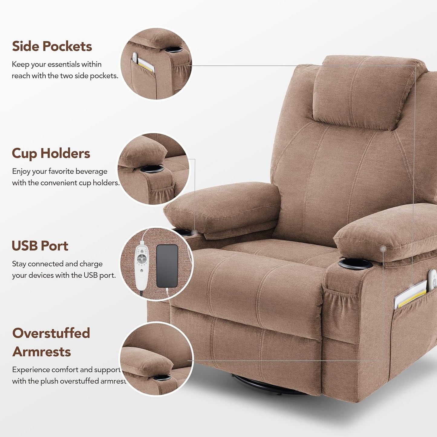 Oversized Swivel Rocker Recliner Chair with Heat and Massage, 360 Degree Swivel Rocking Single Sofa with Cup Holders and USB Port, Large Big Recliner Chair for Living Room (Leather, Brown)