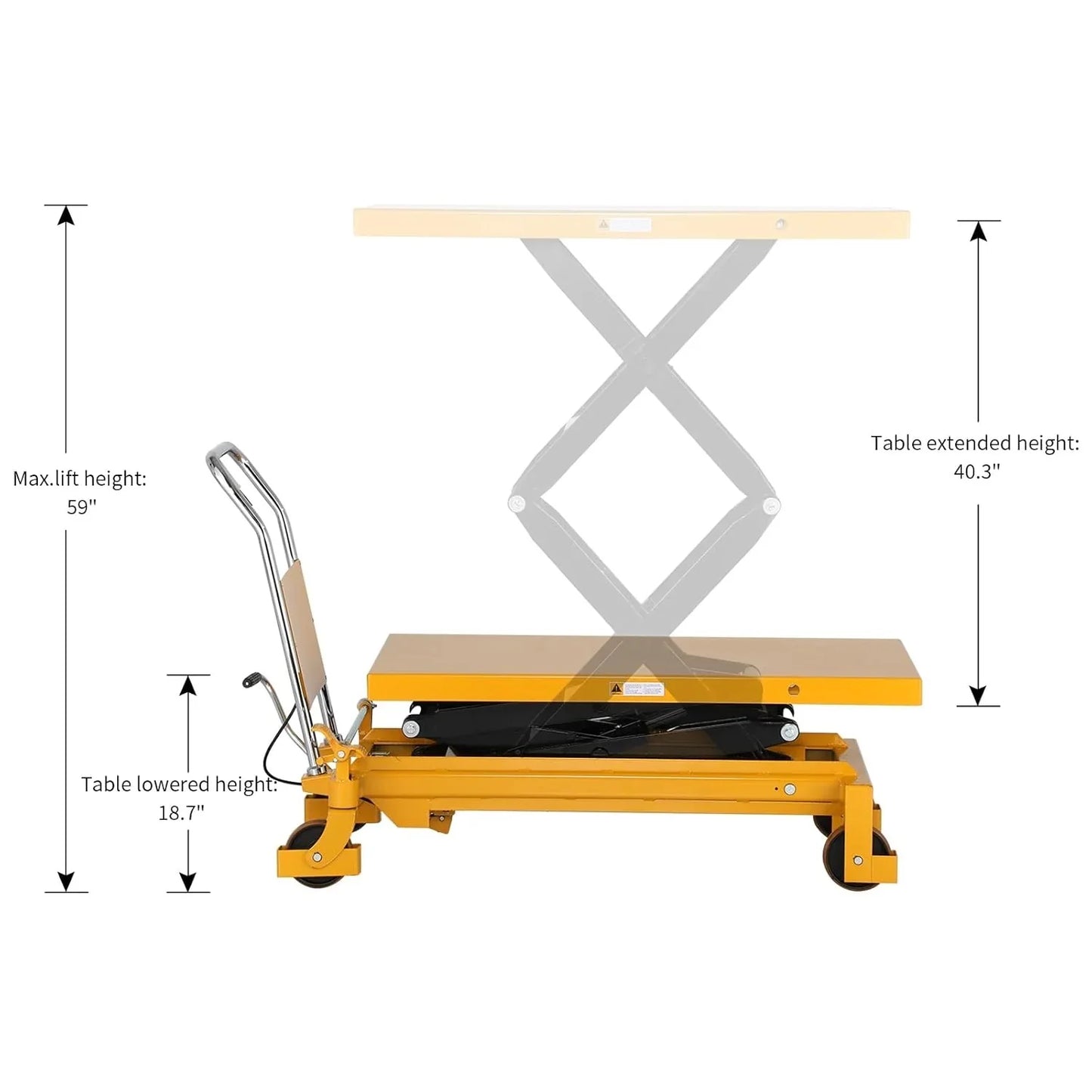 Hydraulic lifting table trolley C load capacity 350 kg, maximum height 130 cm, double scissor lift table with safety device and 4 wheels