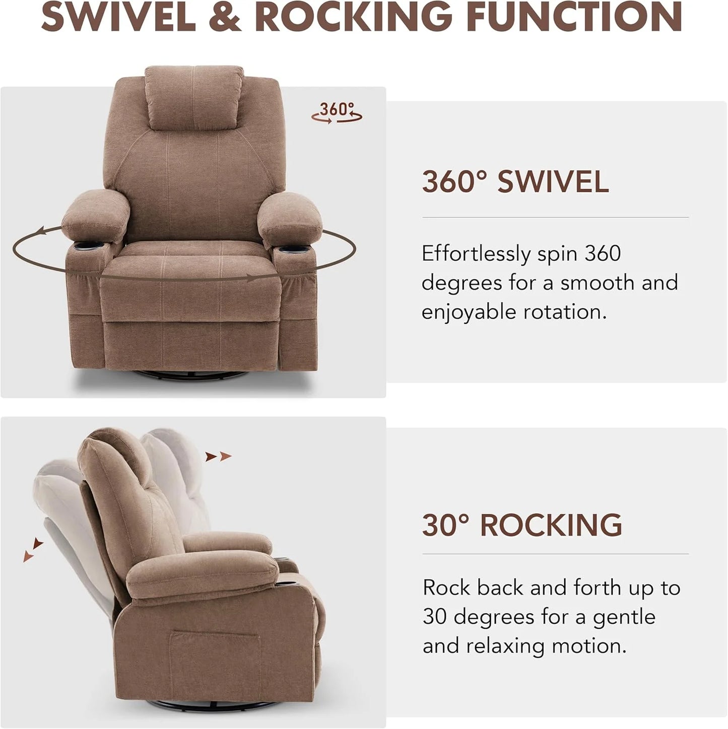 Oversized Swivel Rocker Recliner Chair with Heat and Massage, 360 Degree Swivel Rocking Single Sofa with Cup Holders and USB Port, Large Big Recliner Chair for Living Room (Leather, Brown)
