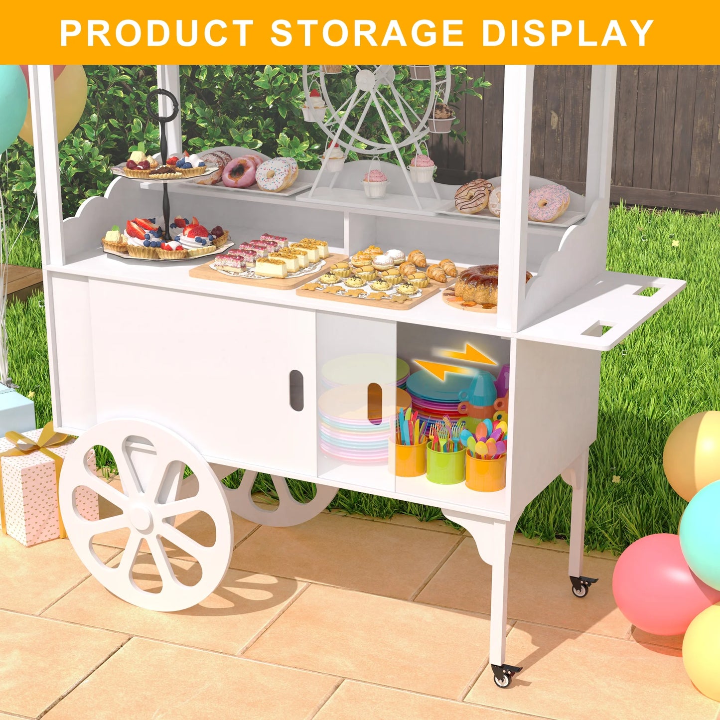 Candy Cart with Wheels for PartyWood Dessert Cart with Storage Cabinet