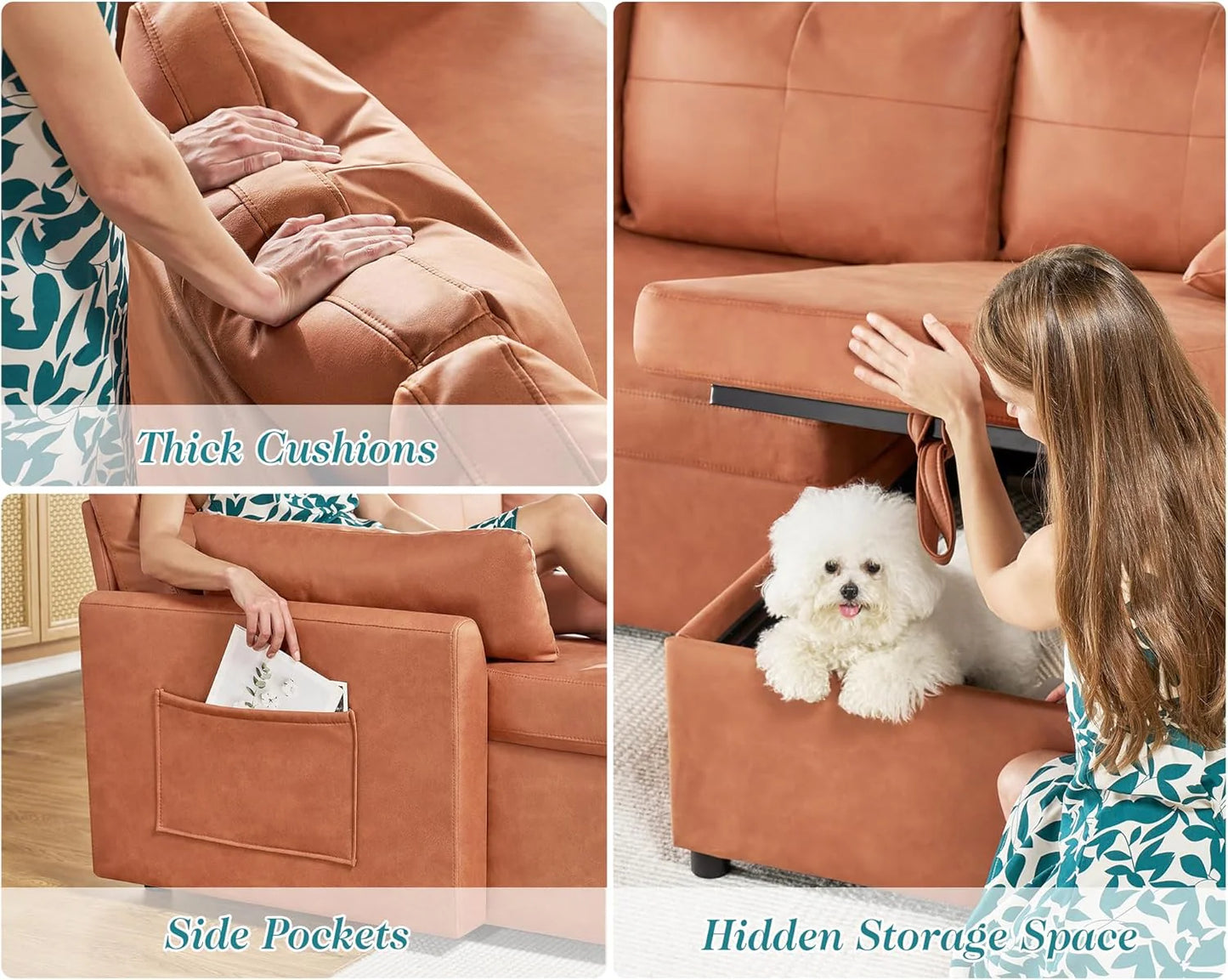 VanAcc Sofa Bed, Sleeper Sofa with Storage Chaise 2 in 1 Pull Out Couch Living Room