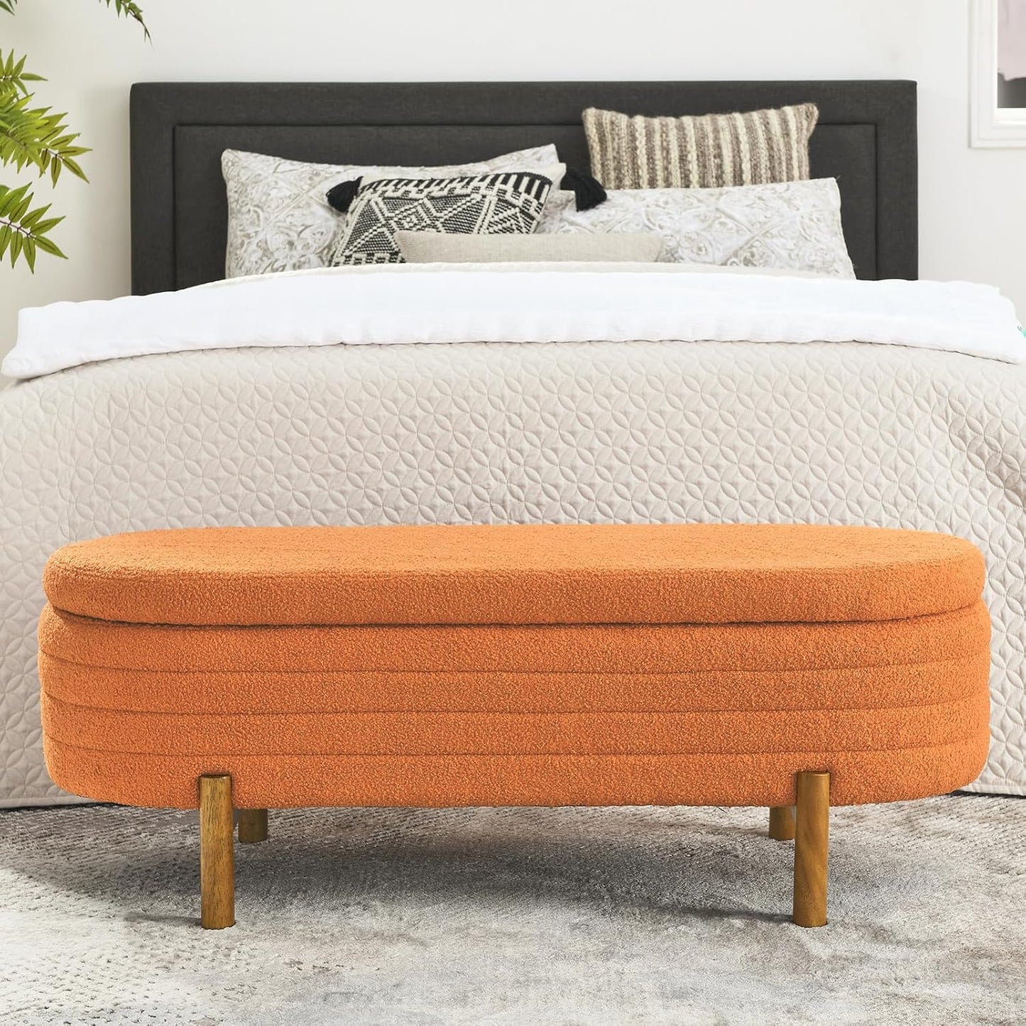 Furniliving Modern Storage Ottoman Bench, Sherpa Ottoman End of Bed Bench with Solid Wood Legs Upholstered Ottoman Benches with Storage Indoor Bench for Living Room with Rolled Arm, Entryway, White