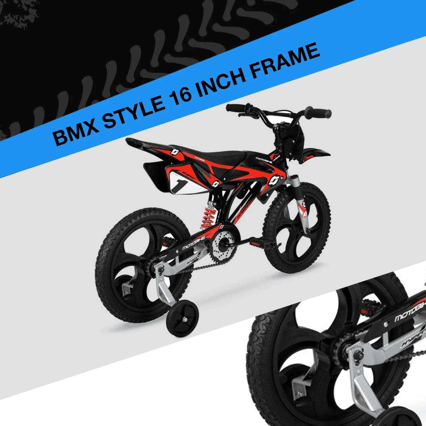 Hyper Bicycles 16" Kids Motobike with Mag Wheels, including training wheels, Black/Red