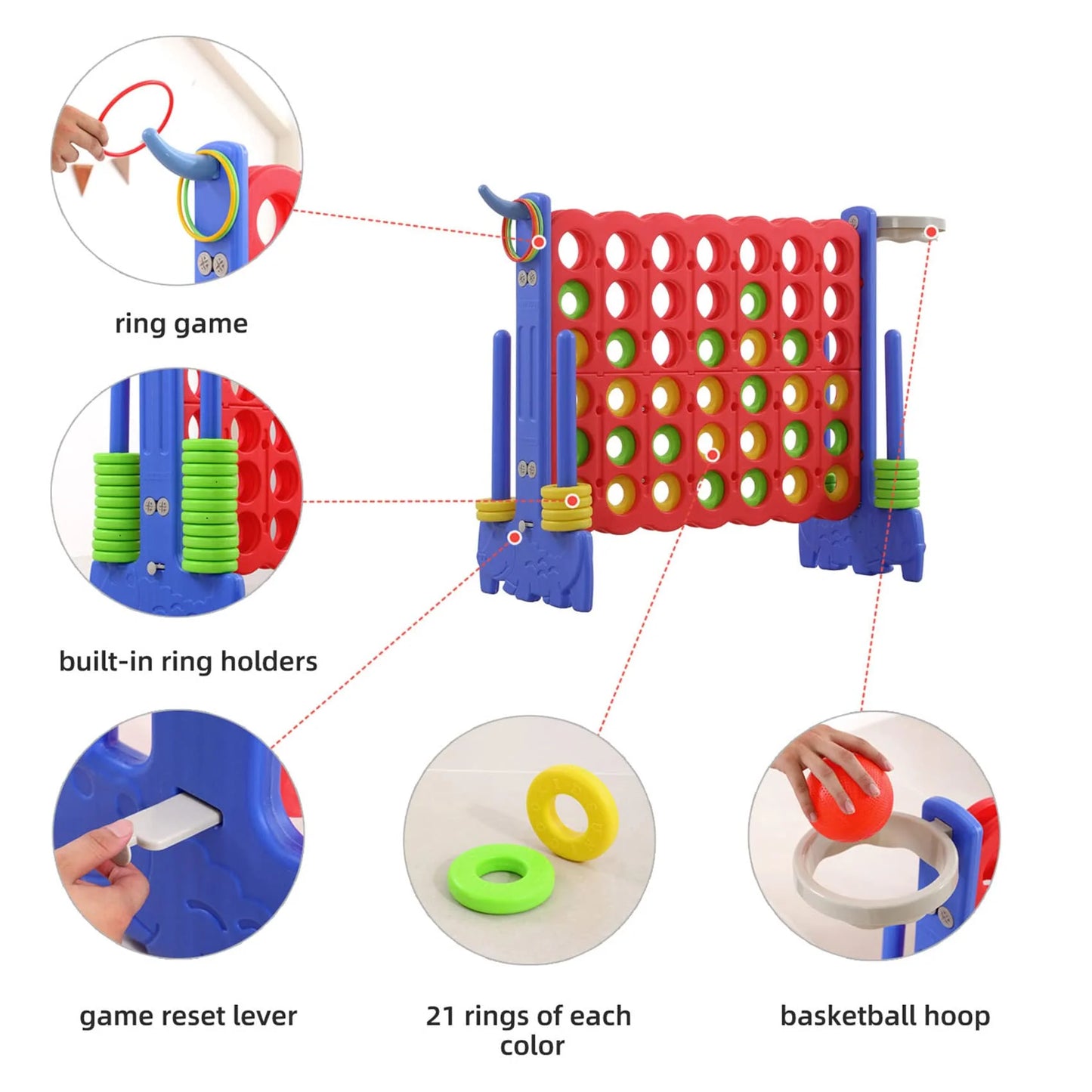 UNICOO? 3-in-1 Giant 4 in A Row Game, Featuring Basketball Hoop, Ring Toss Game & 4-to-Score Game. Perfect for Kids & Adults, Parties & Gatherings with Carrying Bag (Red + Blue)