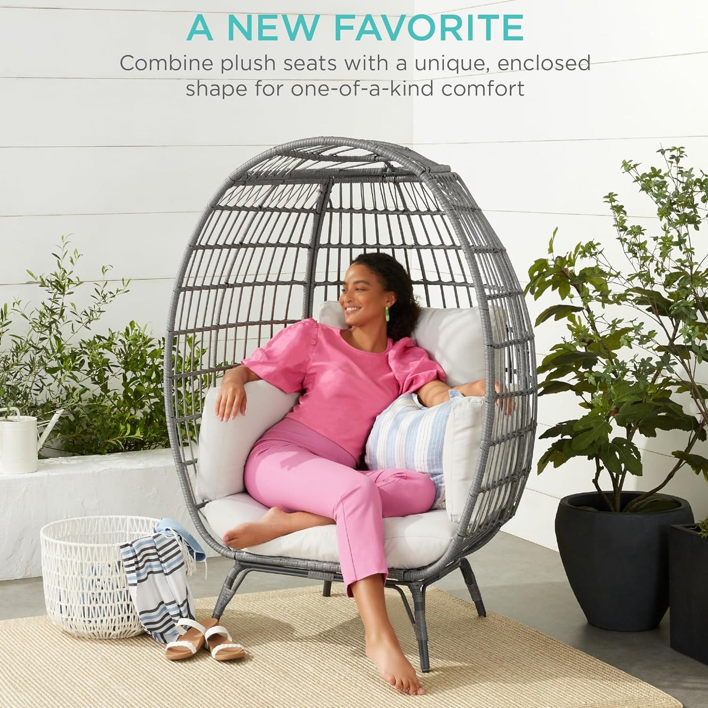 Best Choice Products Wicker Egg Chair Oversized Indoor Outdoor Lounger for Patio Backyard Living Room w/ 4 Cushions Steel Frame 440lb Capacity - Ivory