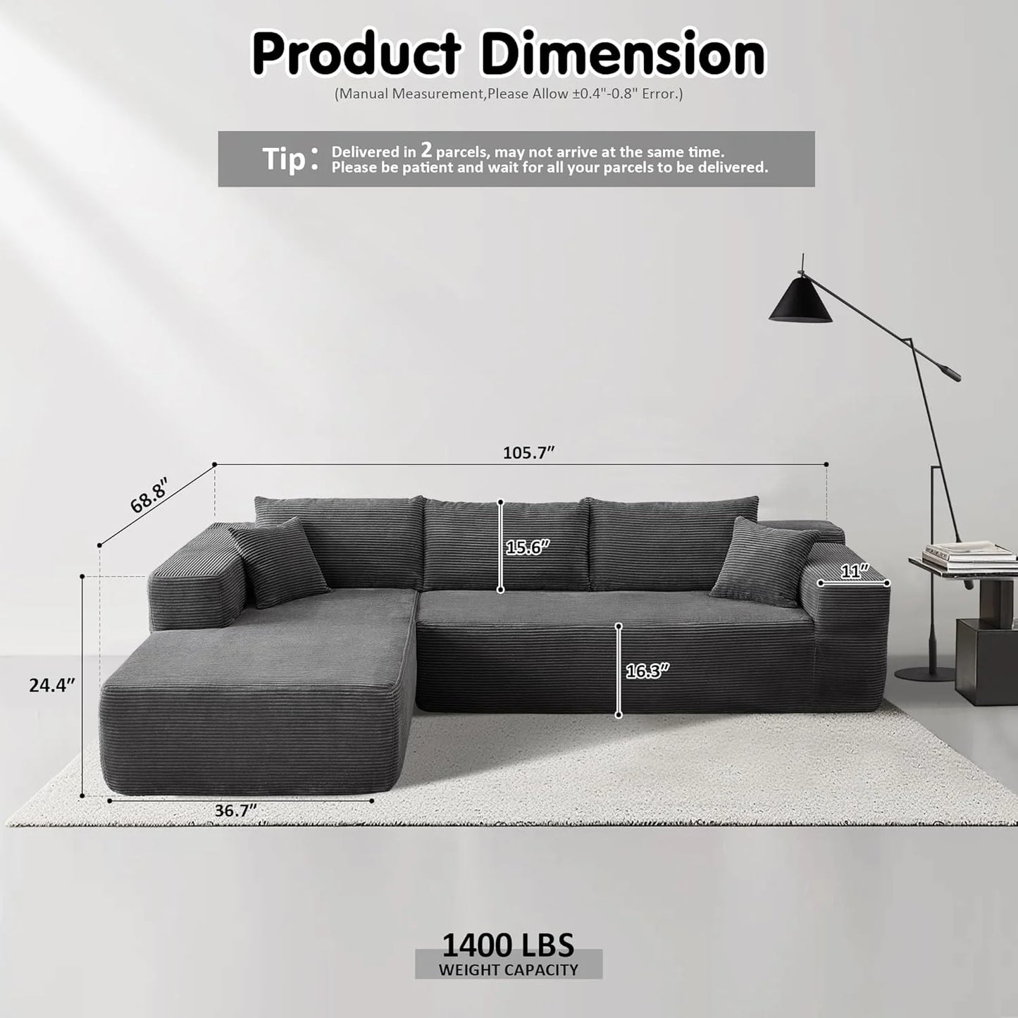 ovios 104" Cloud Sectional Couch with L-Shape Chaise,Modern Modular Sofa with Deep Seat, Upholstered Couches for Living Room Bedroom,No Assembly Required, Grey (Plush Corduroy Fabric)