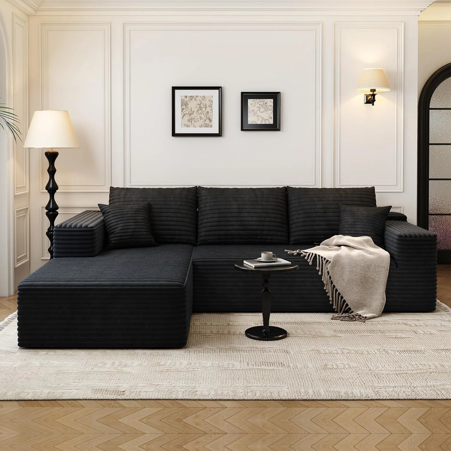 107.5" Cloud Modular Sectional Sofa Couch with L-Shape Chaise,Modern Minimalist Upholstered Couches for Living Room Bedroom,Deep Seat Corner Couch .No Assembly Required (Black,Left Facing Chaise)