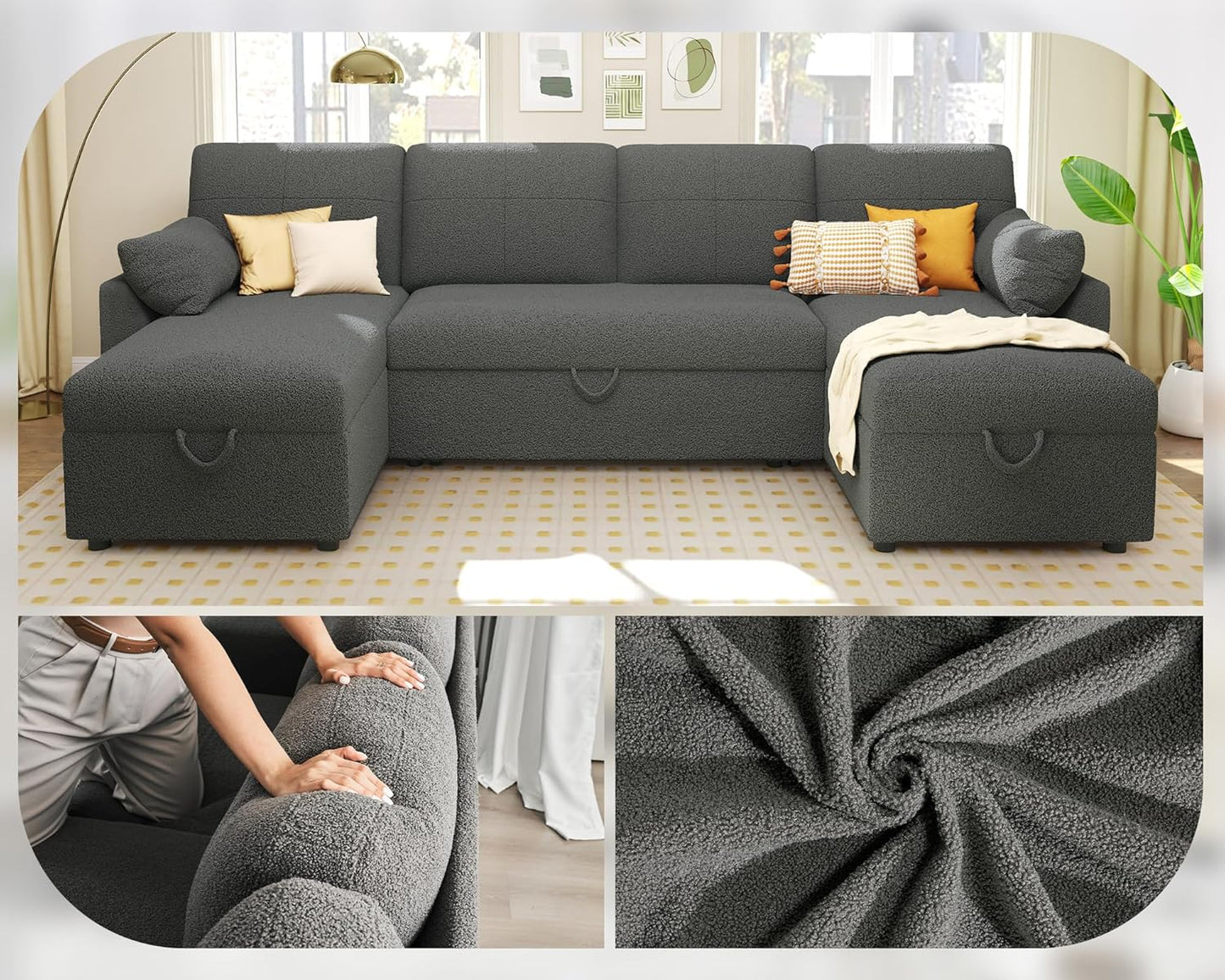 VanAcc Sofa Bed, Sleeper Sofa with Storage Chaise 2 in 1 Pull Out Couch Living Room