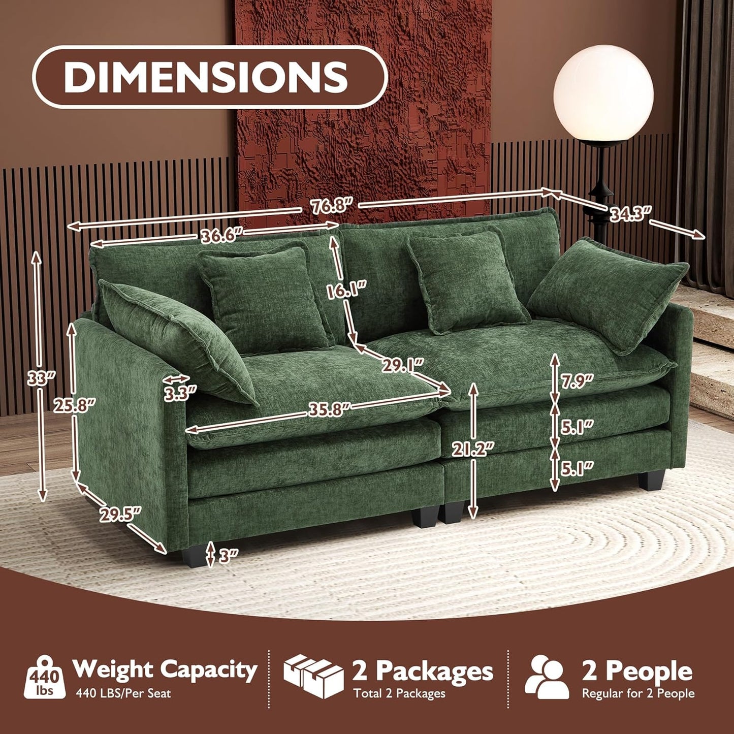 Ihanherry 146" U-Shaped Modern Sofa Modular Sectional Cloud Couch with 2 Ottoman, 6-Seat Chenille Deep Seat Sofa with 6 Pillows for Living Room, Bedroom and Apartment, Grey